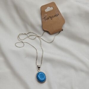 Turquoise Oval Shape Natural Gemstone Pendant Necklace Silver Plated Chain